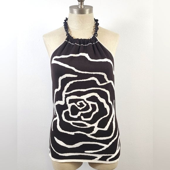 Brown + White Reverseible Stretch Woven Halter Top Plastic Chain Closure, sz LG - Picture 1 of 10